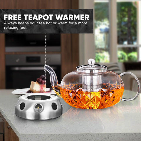 Image of Glowing Diamond Glass Tea pot with Fine Mesh Stainless Steel infuser and a Teapot Warmer