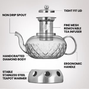 Glowing Diamond Glass Tea pot with Fine Mesh Stainless Steel infuser and a Teapot Warmer