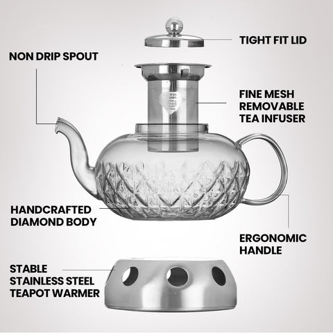 Image of Glowing Diamond Glass Tea pot with Fine Mesh Stainless Steel infuser and a Teapot Warmer