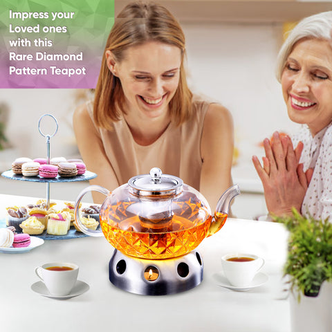 Image of Glowing Diamond Glass Tea pot with Fine Mesh Stainless Steel infuser and a Teapot Warmer