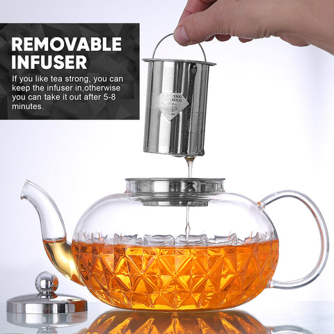 Image of Glowing Diamond Glass Tea pot with Fine Mesh Stainless Steel infuser and a Teapot Warmer