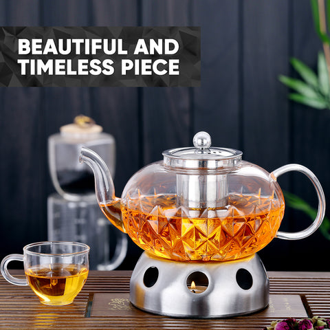 Image of Glowing Diamond Glass Tea pot with Fine Mesh Stainless Steel infuser and a Teapot Warmer