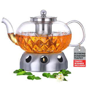 Glowing Diamond Glass Tea pot with Fine Mesh Stainless Steel infuser and a Teapot Warmer