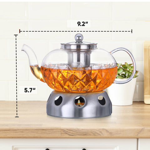 Image of Glowing Diamond Glass Tea pot with Fine Mesh Stainless Steel infuser and a Teapot Warmer